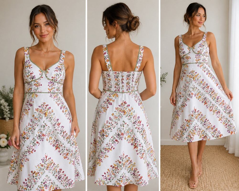 R&K Originals Floral Fit & Flare Dress Womens 14 White Cotton Midi Cottagecore